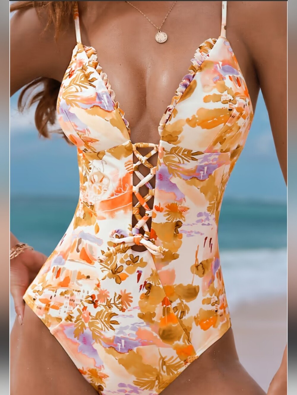 Cupshe 1 Piece Swimsuit Ruffled Bust Adjustable Straps Lace Up, S